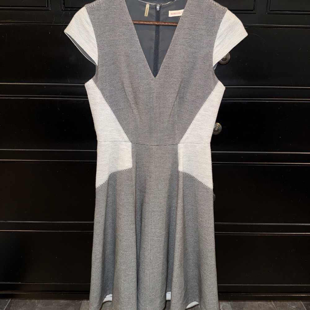 Rebecca Taylor 2‎ Gray Colorblock Tweed Knit Fit And Flare Dress V Neck Cap Sl